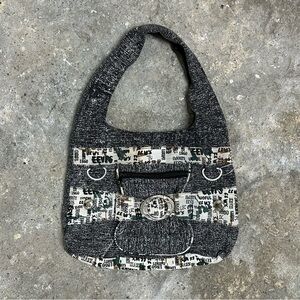 Grey Canvas Words Graphic Silver Buckle Hobo Bag